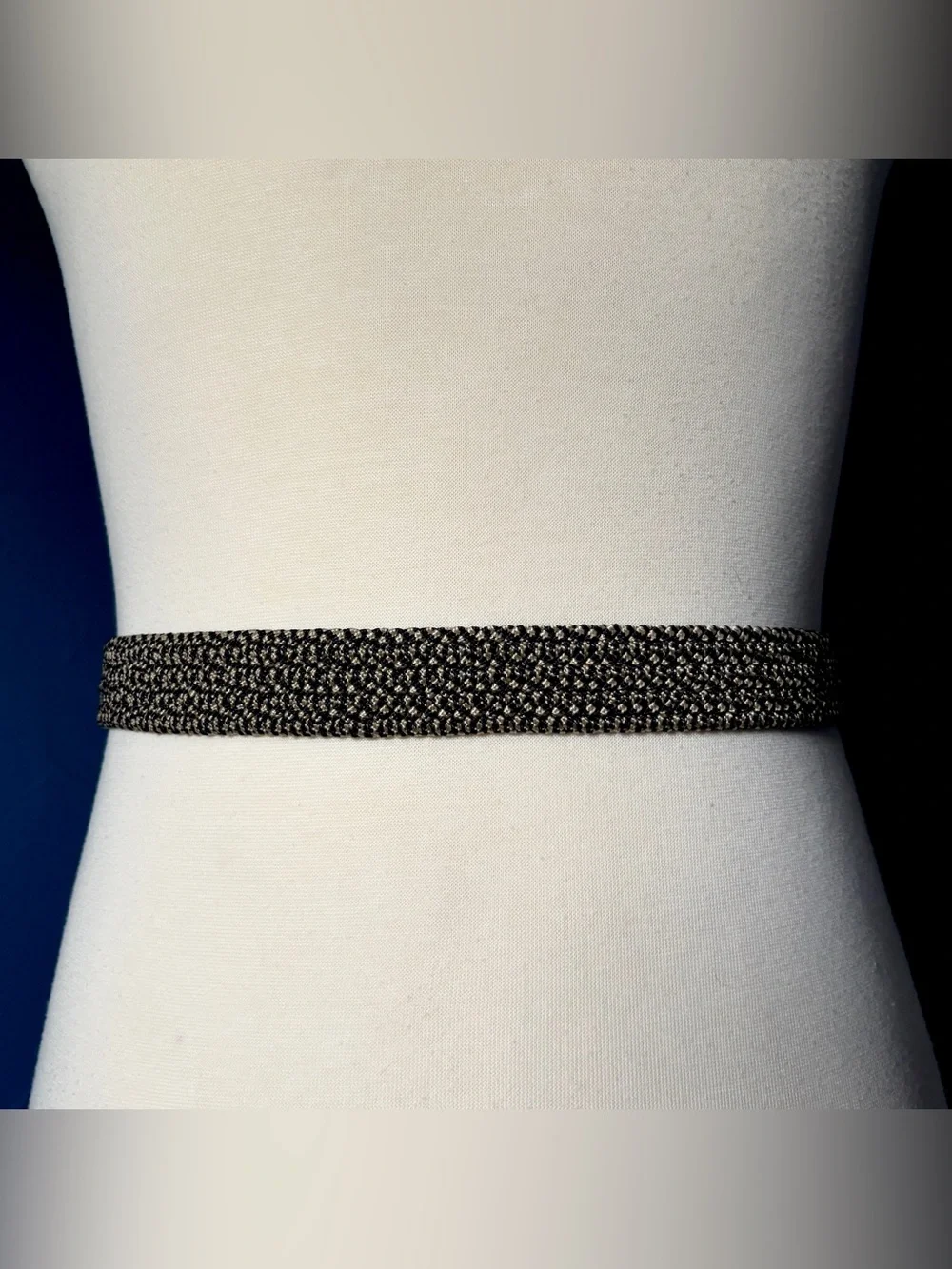 Greg Norman Blue Grey Stretch Belt 34 Black Leather Silver Buckle Logo Golf